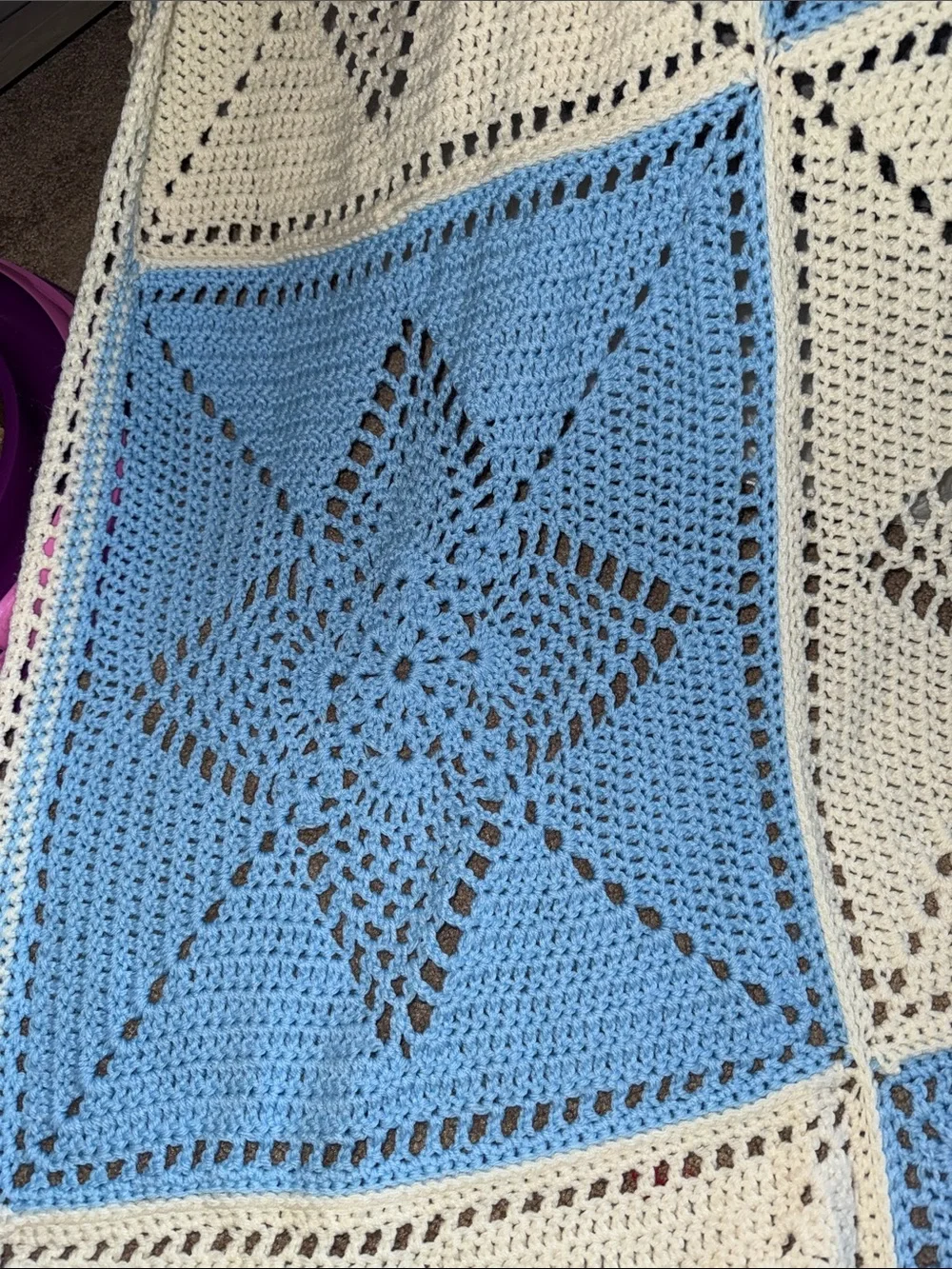 Hand Crafted Blue and Cream Crochet Star Patchwork Throw Blanket